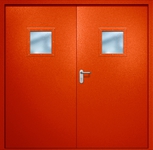 Двупольная противопожарная дверь EI-60 с квадратными стеклопакетами, окрас по RAL 3003