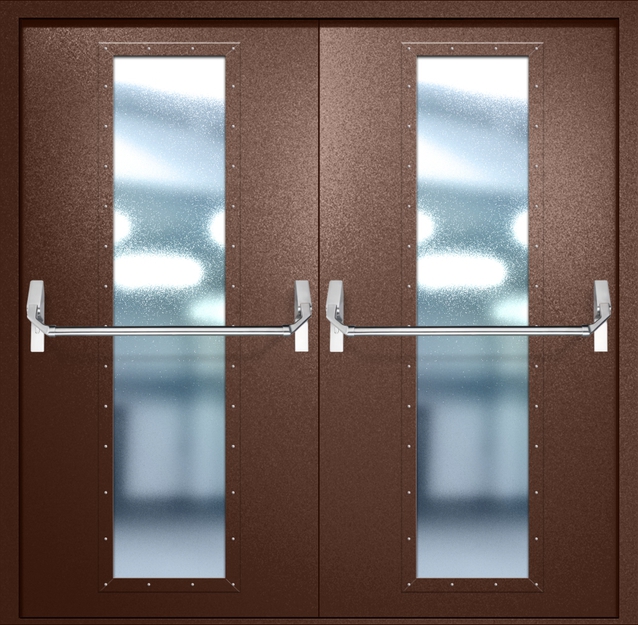 Двупольная противопожарная дверь EIW-60 с максимальным стеклопакетом и ручкой «Антипаника», окрас по RAL 8016 Двупольная противопожарная дверь EIW-60 с максимальным стеклопакетом и ручкой «Антипаника», окрас по RAL 8016