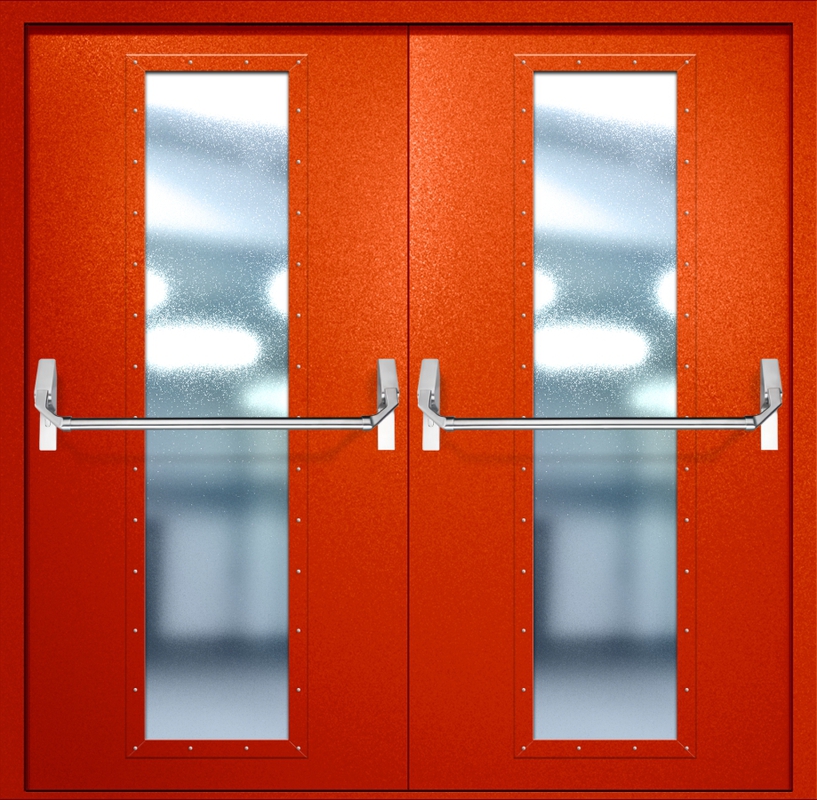 Двупольная противопожарная дверь EIW-60 с максимальным стеклопакетом и ручкой «Антипаника», окрас по RAL 3003