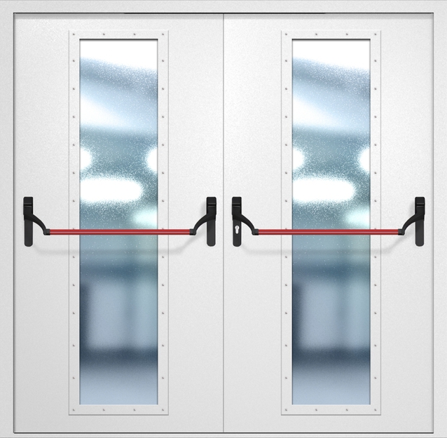 Двупольная противопожарная дверь EIW-60 с максимальным стеклопакетом и ручкой «Антипаника», окрас по RAL 9003