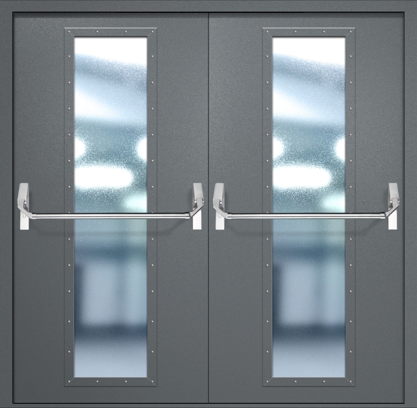 Двупольная противопожарная дверь EIW-60 с максимальным стеклопакетом и ручкой «Антипаника», окрас по RAL 7001