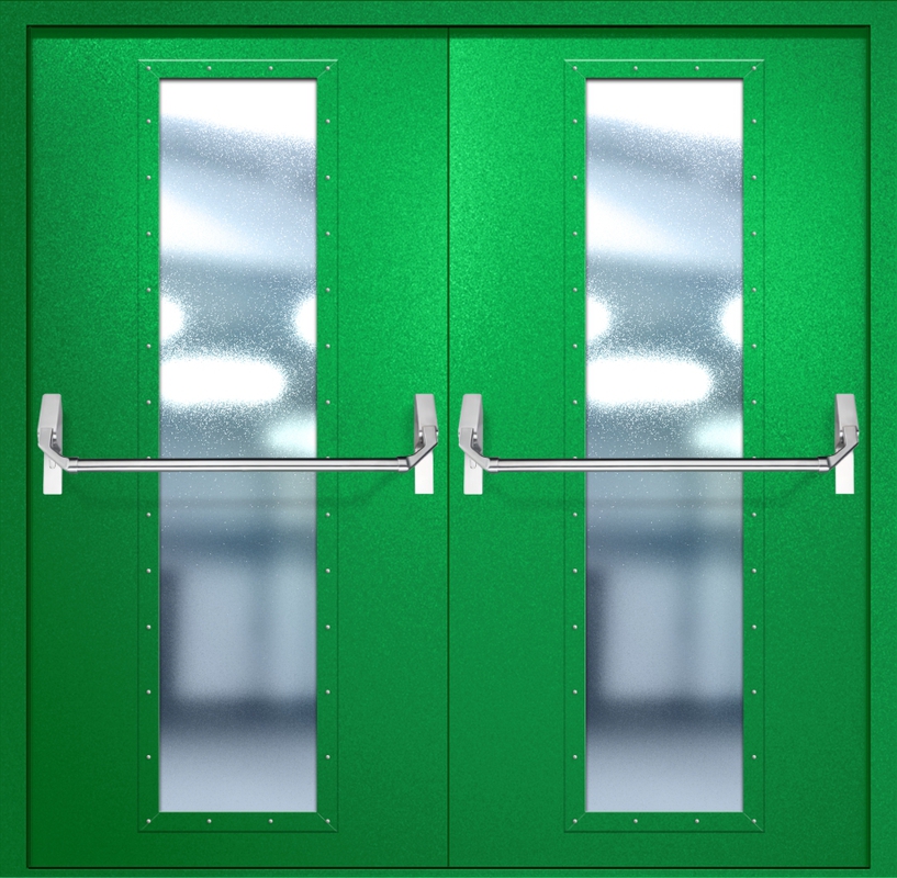 Двупольная противопожарная дверь EIW-60 с максимальным стеклопакетом и ручкой «Антипаника», окрас по RAL 6037 Двупольная противопожарная дверь EIW-60 с максимальным стеклопакетом и ручкой «Антипаника», окрас по RAL 6037