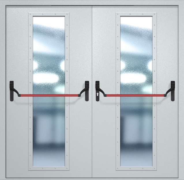 Двупольная противопожарная дверь EIW-60 с максимальным стеклопакетом и ручкой «Антипаника», окрас по RAL