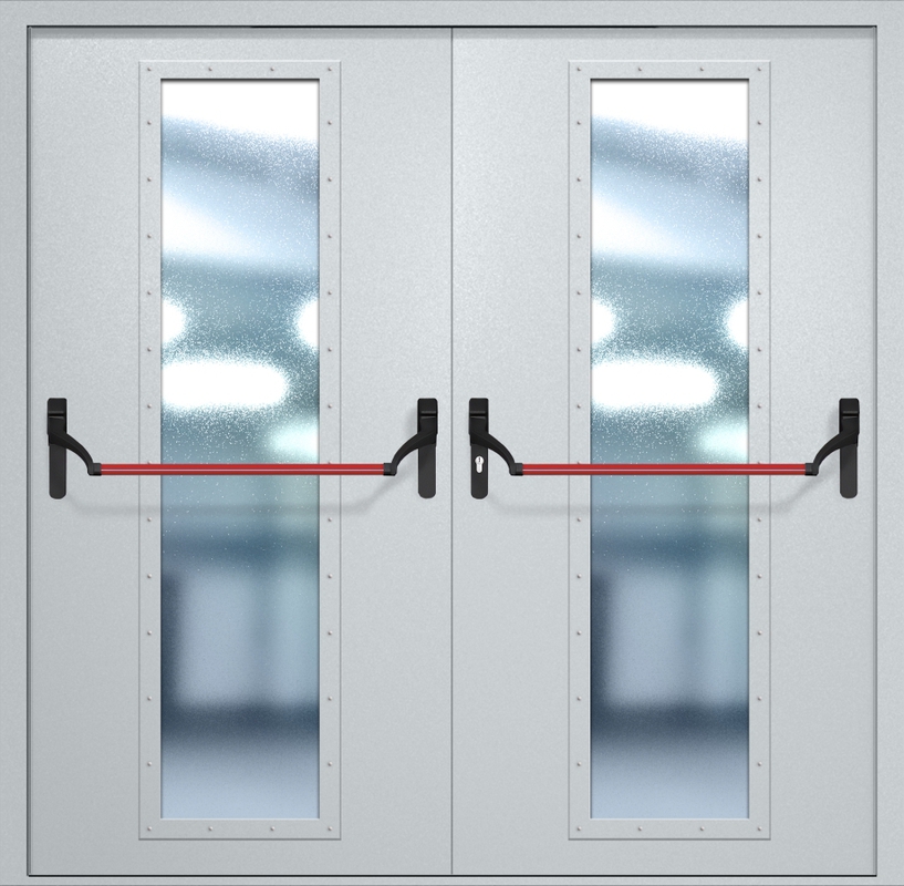 Двупольная противопожарная дверь EIW-60 с максимальным стеклопакетом и ручкой «Антипаника», окрас по RAL