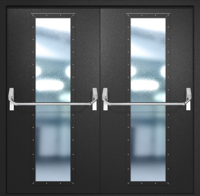 Двупольная противопожарная дверь EIW-60 с максимальным стеклопакетом и ручкой «Антипаника», окрас по RAL 9004