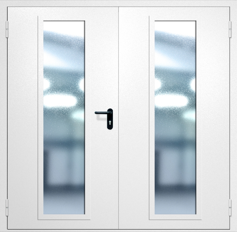 Двупольная противопожарная дверь EIW-60 с максимальным стеклопакетом и ручкой «Антипаника», окрас по RAL 9003