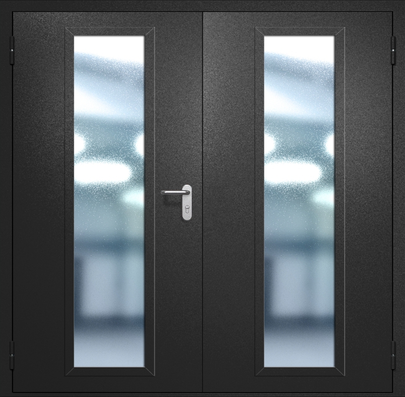 Двупольная противопожарная дверь EIW-60 с максимальным стеклопакетом и ручкой «Антипаника», окрас по RAL 9004