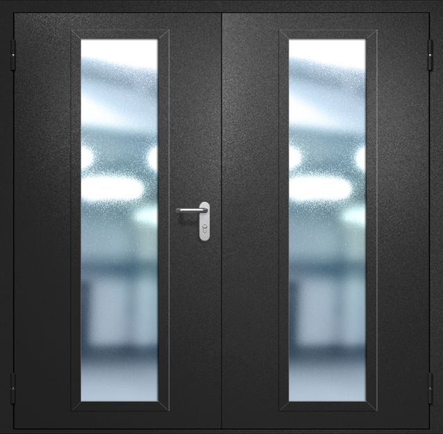 Двупольная противопожарная дверь EIW-60 с максимальным стеклопакетом, окрас по RAL 9004