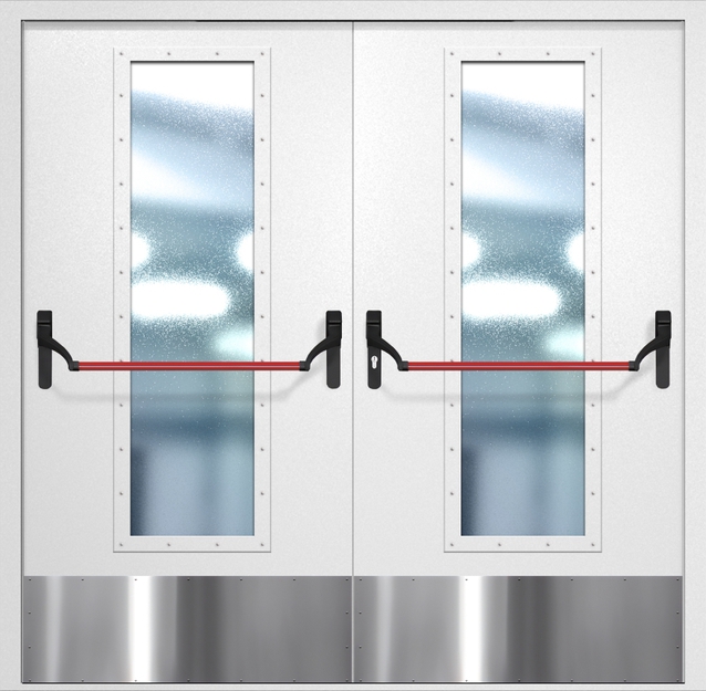 Двупольная противопожарная дверь EIW-60 с максимальным стеклопакетом, отбойником и ручкой «Антипаника», окрас по RAL 9003
