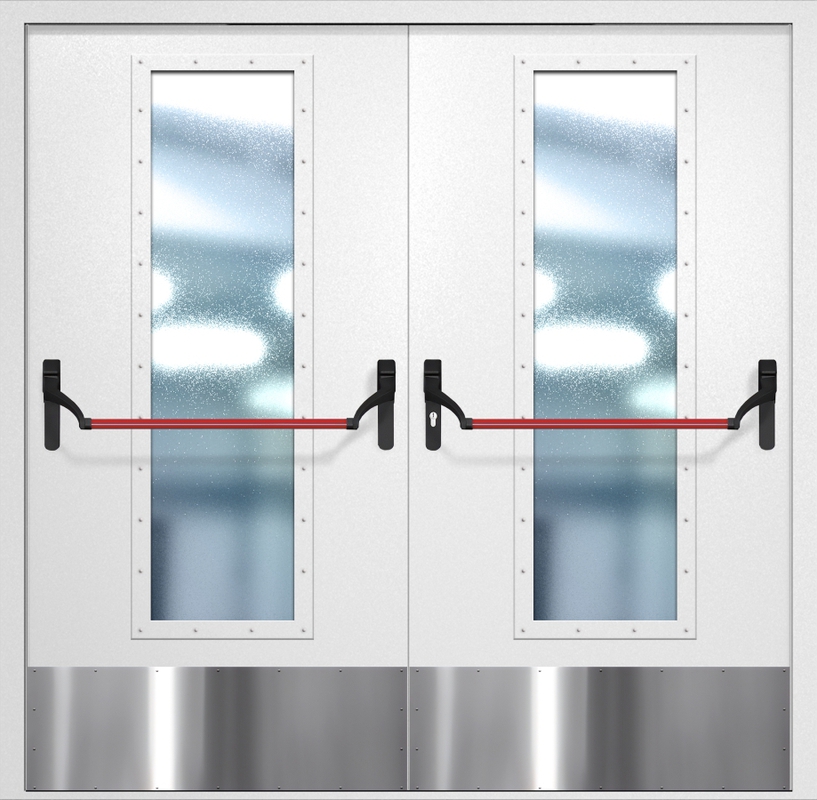 Двупольная противопожарная дверь EIW-60 с максимальным стеклопакетом, отбойником и ручкой «Антипаника», окрас по RAL 9003 Двупольная противопожарная дверь EIW-60 с максимальным стеклопакетом, отбойником и ручкой «Антипаника», окрас по RAL 9003