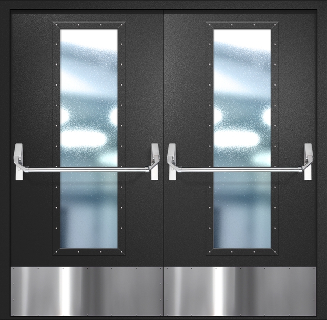 Двупольная противопожарная дверь EIW-60 с максимальным стеклопакетом, отбойником и ручкой «Антипаника», окрас по RAL 9004 Двупольная противопожарная дверь EIW-60 с максимальным стеклопакетом, отбойником и ручкой «Антипаника», окрас по RAL 9004