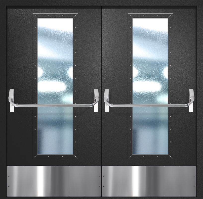 Двупольная противопожарная дверь EIW-60 с максимальным стеклопакетом, отбойником и ручкой «Антипаника», окрас по RAL 9004