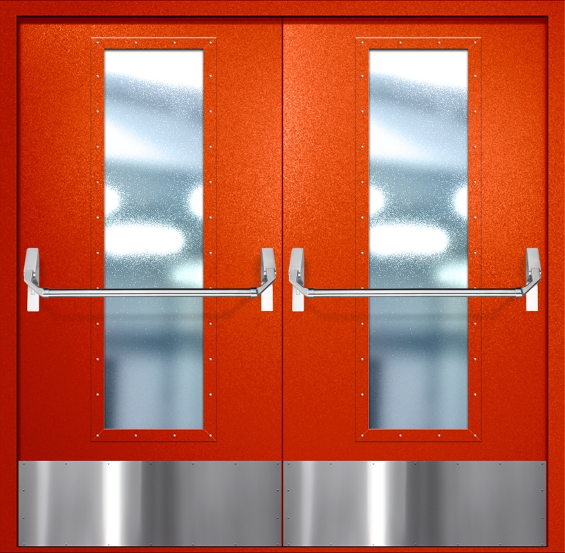 Двупольная противопожарная дверь EIW-60 с максимальным стеклопакетом, отбойником и ручкой «Антипаника», окрас по RAL 3003