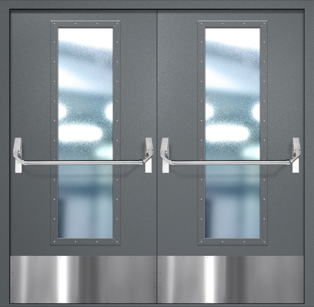 Двупольная противопожарная дверь EIW-60 с максимальным стеклопакетом, отбойником и ручкой «Антипаника», окрас по RAL 7001