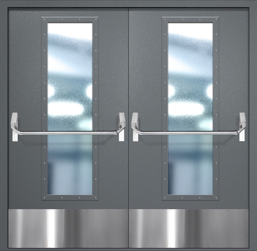 Двупольная противопожарная дверь EIW-60 с максимальным стеклопакетом, отбойником и ручкой «Антипаника», окрас по RAL 7001