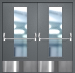 Двупольная противопожарная дверь EIW-60 с максимальным стеклопакетом, отбойником и ручкой «Антипаника», окрас по RAL 7001