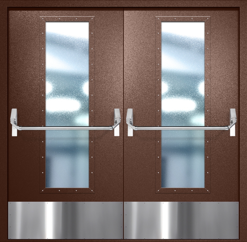 Двупольная противопожарная дверь EIW-60 с максимальным стеклопакетом, отбойником и ручкой «Антипаника», окрас по RAL 8016 Двупольная противопожарная дверь EIW-60 с максимальным стеклопакетом, отбойником и ручкой «Антипаника», окрас по RAL 8016