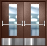 Двупольная противопожарная дверь EIW-60 с максимальным стеклопакетом, отбойником и ручкой «Антипаника», окрас по RAL 8016