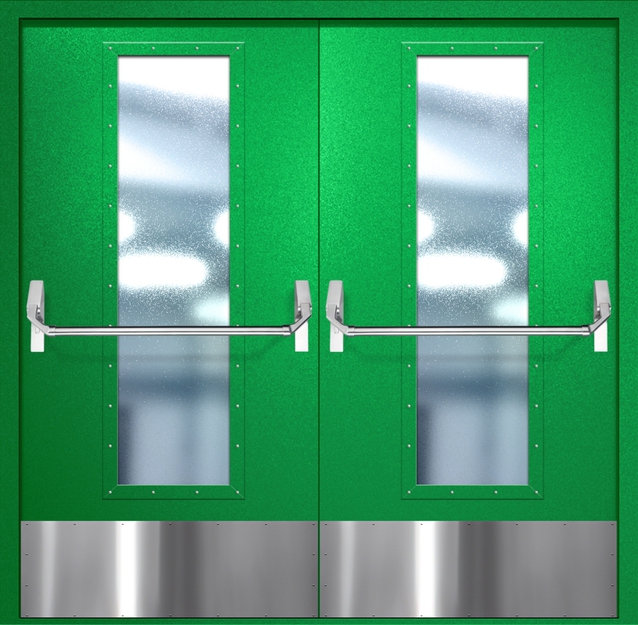 Двупольная противопожарная дверь EIW-60 с максимальным стеклопакетом, отбойником и ручкой «Антипаника», окрас по RAL 6037 Двупольная противопожарная дверь EIW-60 с максимальным стеклопакетом, отбойником и ручкой «Антипаника», окрас по RAL 6037