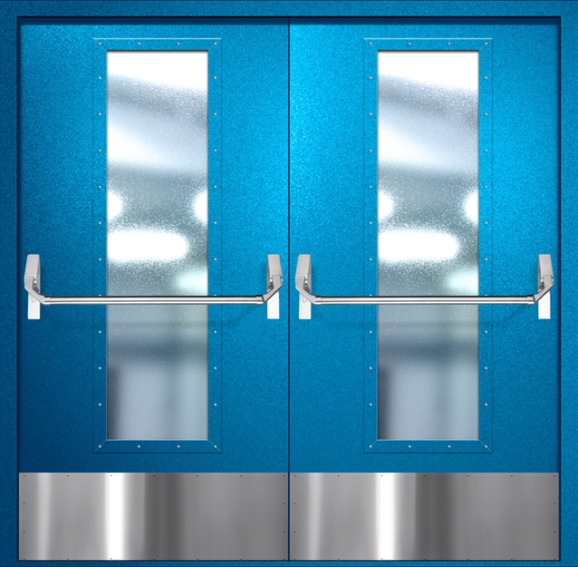 Двупольная противопожарная дверь EIW-60 с максимальным стеклопакетом, отбойником и ручкой «Антипаника», окрас по RAL 5002