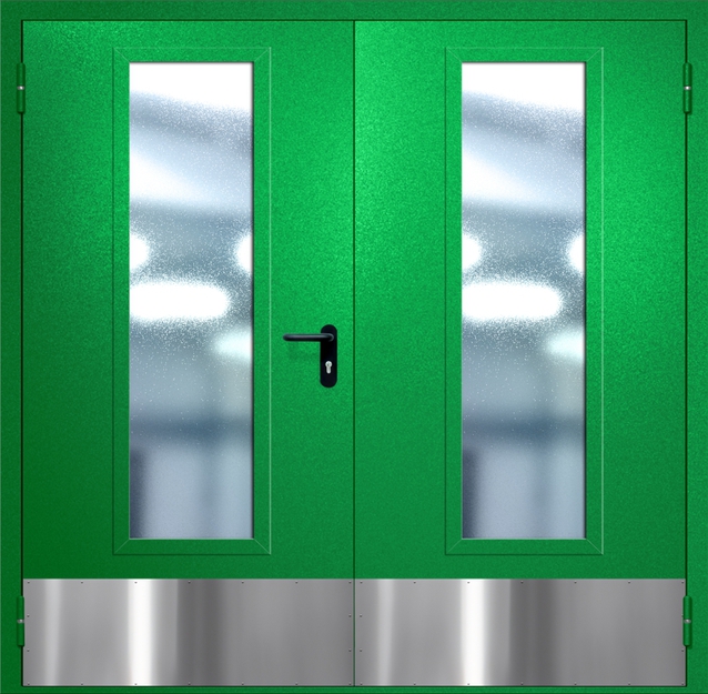 Двупольная противопожарная дверь EIW-60 с максимальным стеклопакетом и отбойником, окрас по RAL 6037