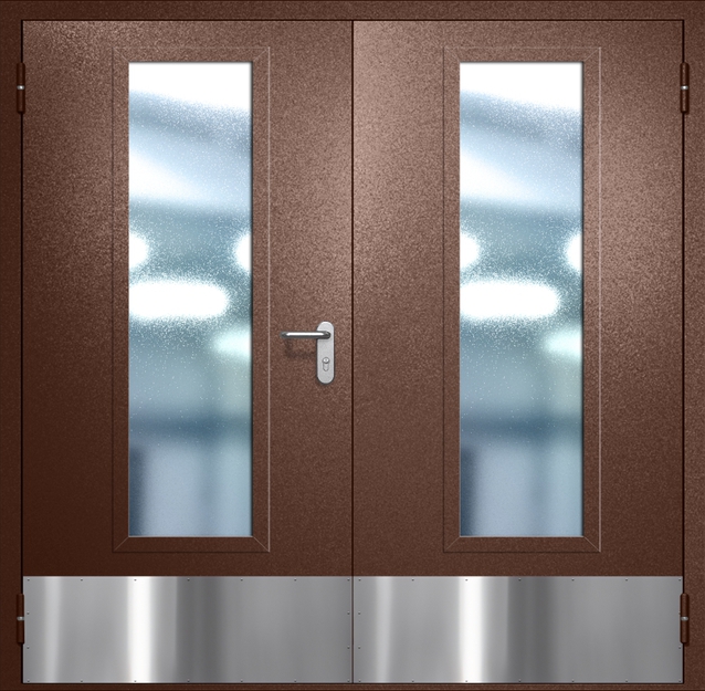 Двупольная противопожарная дверь EIW-60 с максимальным стеклопакетом и отбойником, окрас по RAL 8016