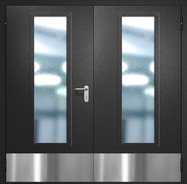 Двупольная противопожарная дверь EIW-60 с максимальным стеклопакетом и отбойником, окрас по RAL 9004