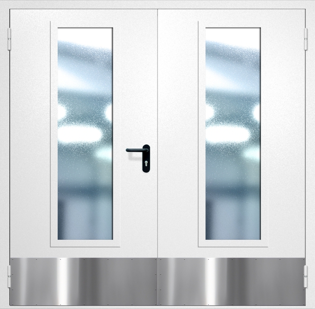 Двупольная противопожарная дверь EIW-60 с максимальным стеклопакетом и отбойником, окрас по RAL 9003