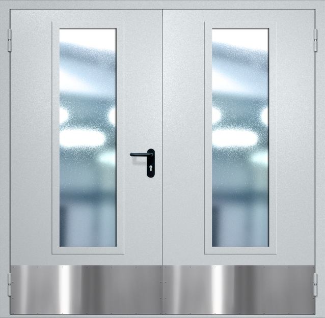 Двупольная противопожарная дверь EIW-60 с максимальным стеклопакетом и отбойником, окрас по RAL