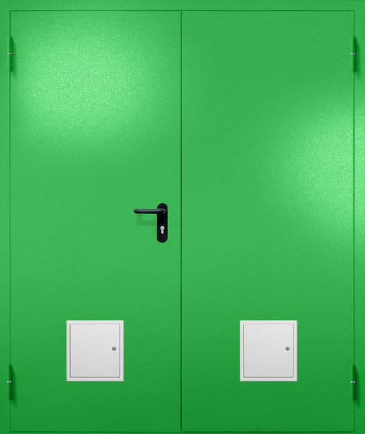 Двупольная противопожарная дверь EI-60 с двумя стыковочными узлами снизу, окрас по RAL 6037 Двупольная противопожарная дверь EI-60 с двумя стыковочными узлами снизу, окрас по RAL 6037