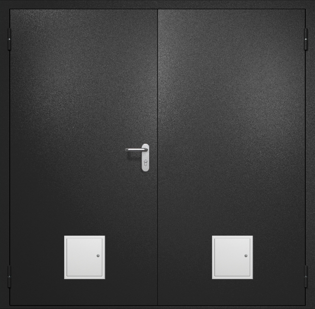 Двупольная противопожарная дверь EI-60 с двумя стыковочными узлами снизу, окрас по RAL 9004 Двупольная противопожарная дверь EI-60 с двумя стыковочными узлами снизу, окрас по RAL 9004