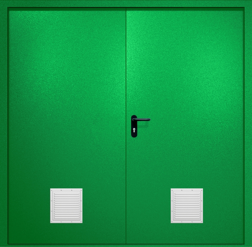 Двупольная противопожарная дверь EI-60 с двумя стыковочными узлами снизу, окрас по RAL 6037 Двупольная противопожарная дверь EI-60 с двумя стыковочными узлами снизу, окрас по RAL 6037