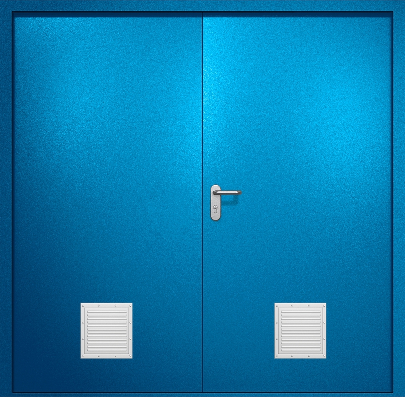 Двупольная противопожарная дверь EI-60 с двумя стыковочными узлами снизу, окрас по RAL 5002 Двупольная противопожарная дверь EI-60 с двумя стыковочными узлами снизу, окрас по RAL 5002