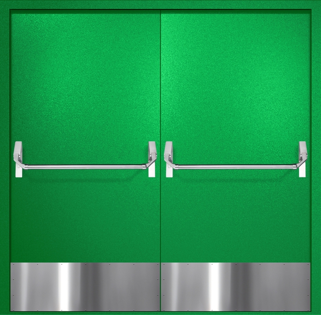 Двупольная противопожарная дверь EI-60 с отбойниками и ручками «Антипаника», окрас по RAL 6037 Двупольная противопожарная дверь EI-60 с отбойниками и ручками «Антипаника», окрас по RAL 6037