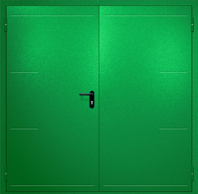 Двупольная противопожарная дверь EI-60 с рисунком на металле, окрас по RAL 6037 Двупольная противопожарная дверь EI-60 с рисунком на металле, окрас по RAL 6037