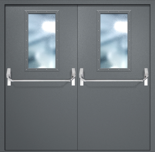 Двупольная противопожарная дверь EI-60 с широкими стеклопакетами и ручками «Антипаника», окрас по RAL 7001