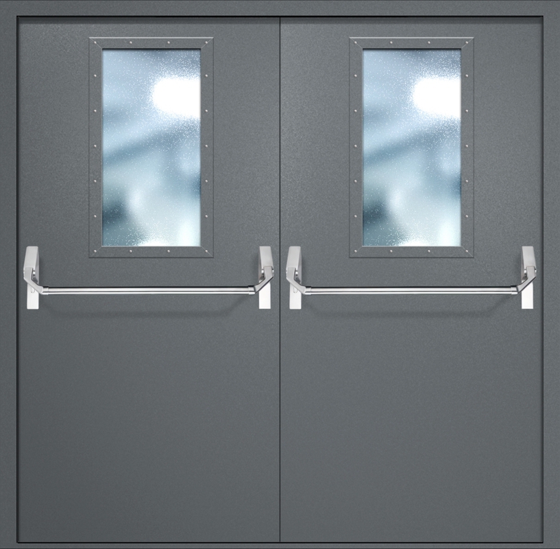 Двупольная противопожарная дверь EI-60 с широкими стеклопакетами и ручками «Антипаника», окрас по RAL 7001