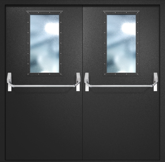 Двупольная противопожарная дверь EI-60 с широкими стеклопакетами и ручками «Антипаника», окрас по RAL 9004