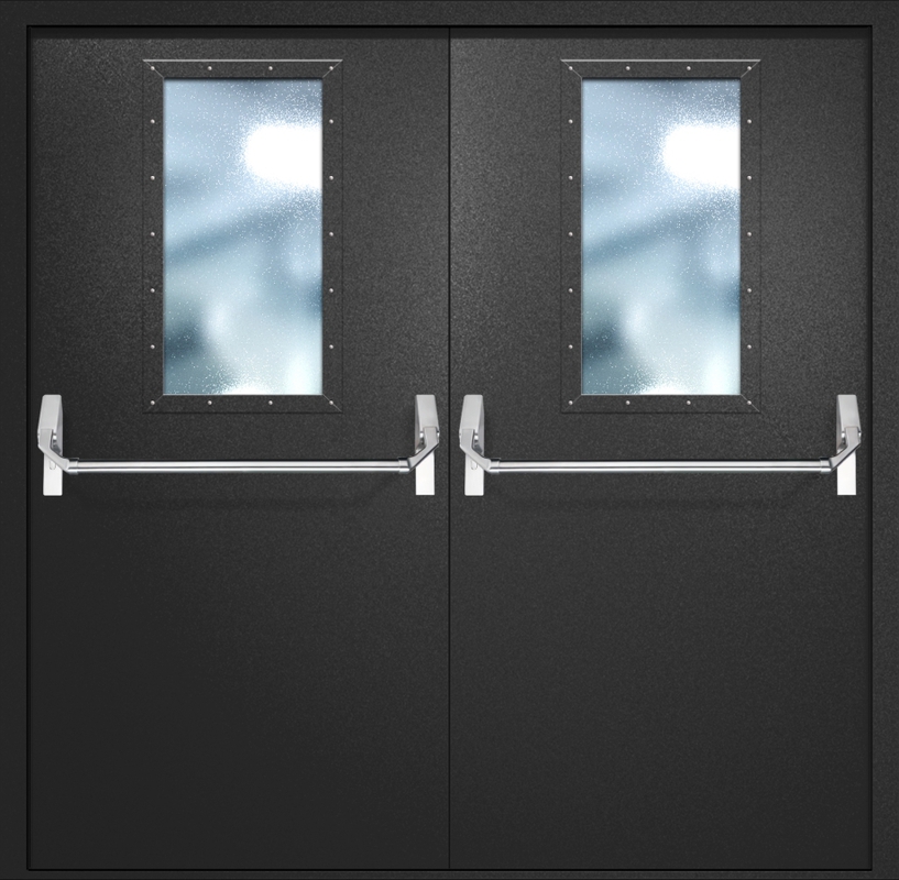 Двупольная противопожарная дверь EI-60 с широкими стеклопакетами и ручками «Антипаника», окрас по RAL 9004