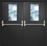 Двупольная противопожарная дверь EI-60 с широкими стеклопакетами и ручками «Антипаника», окрас по RAL 9004