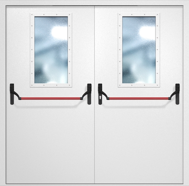 Двупольная противопожарная дверь EI-60 с широкими стеклопакетами и ручками «Антипаника», окрас по RAL 9003