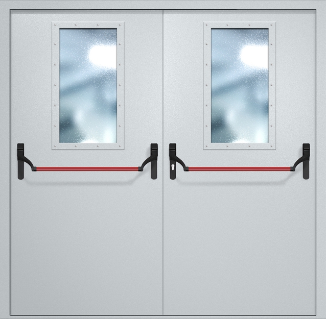 Двупольная противопожарная дверь EI-60 с широкими стеклопакетами и ручками «Антипаника», окрас по RAL