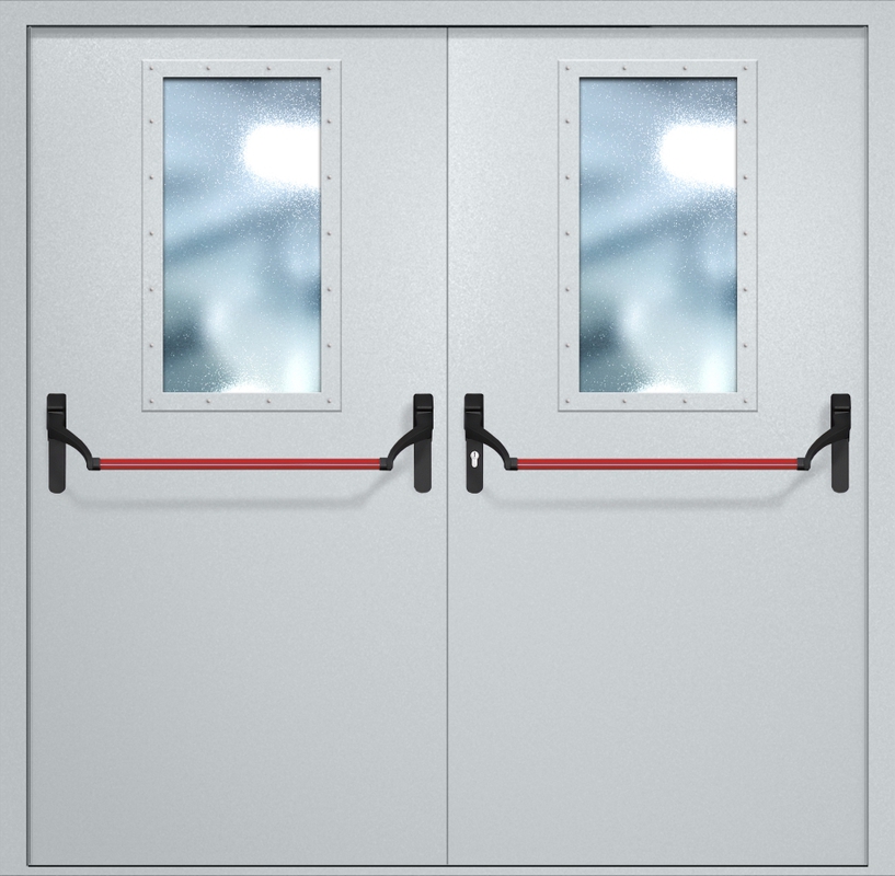 Двупольная противопожарная дверь EI-60 с широкими стеклопакетами и ручками «Антипаника», окрас по RAL Двупольная противопожарная дверь EI-60 с широкими стеклопакетами и ручками «Антипаника», окрас по RAL