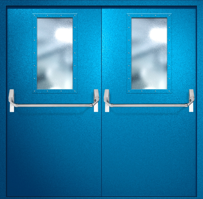 Двупольная противопожарная дверь EI-60 с широкими стеклопакетами и ручками «Антипаника», окрас по RAL 5002 Двупольная противопожарная дверь EI-60 с широкими стеклопакетами и ручками «Антипаника», окрас по RAL 5002