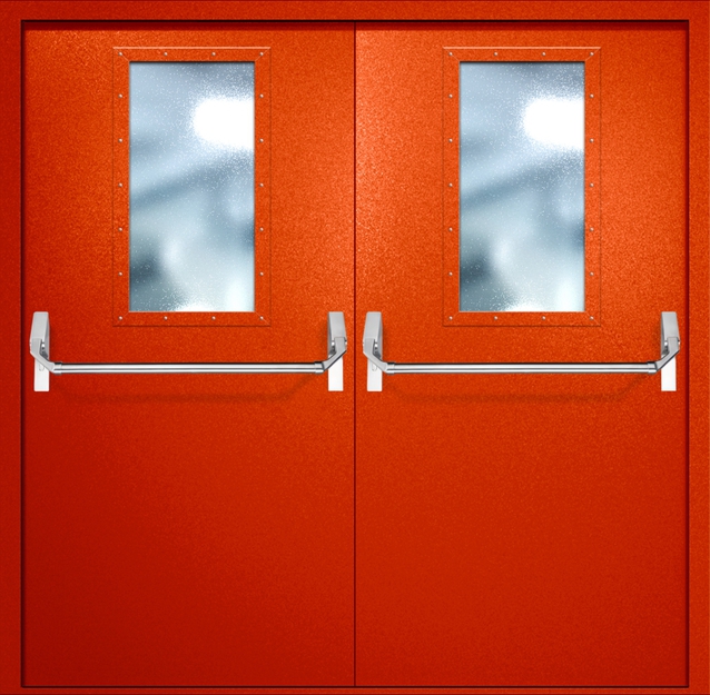 Двупольная противопожарная дверь EI-60 с широкими стеклопакетами и ручками «Антипаника», окрас по RAL 3003 Двупольная противопожарная дверь EI-60 с широкими стеклопакетами и ручками «Антипаника», окрас по RAL 3003