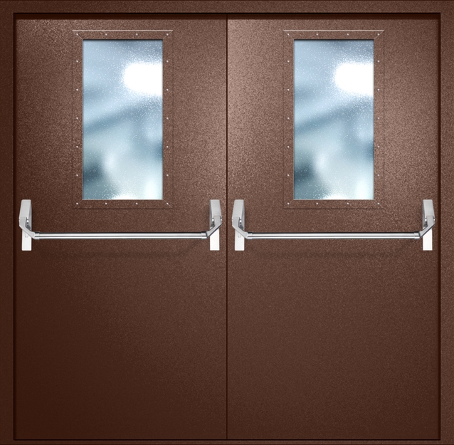 Двупольная противопожарная дверь EI-60 с широкими стеклопакетами и ручками «Антипаника», окрас по RAL 8016 Двупольная противопожарная дверь EI-60 с широкими стеклопакетами и ручками «Антипаника», окрас по RAL 8016