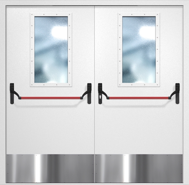 Двупольная противопожарная дверь EI-60 с широкими стеклопакетами, отбойниками и ручками «Антипаника», окрас по RAL 9003