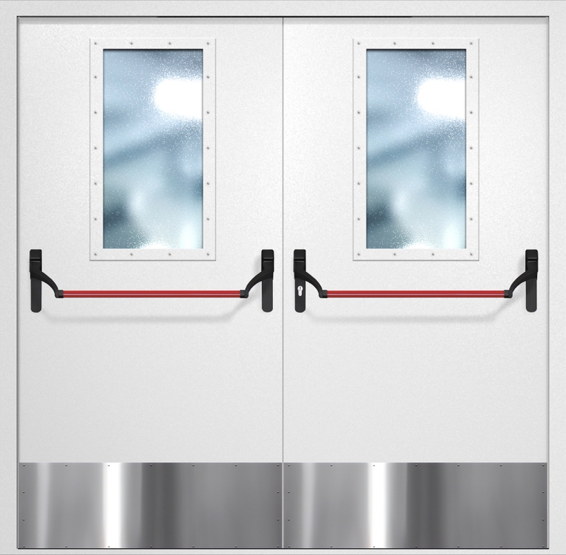 Двупольная противопожарная дверь EI-60 с широкими стеклопакетами, отбойниками и ручками «Антипаника», окрас по RAL 9003 Двупольная противопожарная дверь EI-60 с широкими стеклопакетами, отбойниками и ручками «Антипаника», окрас по RAL 9003