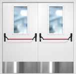 Двупольная противопожарная дверь EI-60 с широкими стеклопакетами, отбойниками и ручками «Антипаника», окрас по RAL 9003