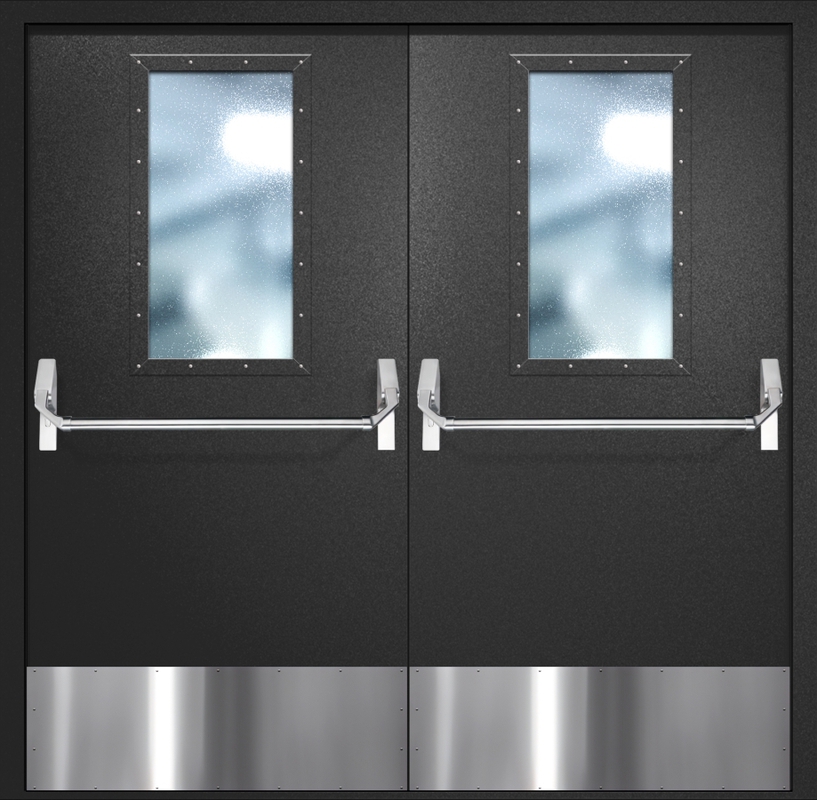 Двупольная противопожарная дверь EI-60 с широкими стеклопакетами, отбойниками и ручками «Антипаника», окрас по RAL 9004 Двупольная противопожарная дверь EI-60 с широкими стеклопакетами, отбойниками и ручками «Антипаника», окрас по RAL 9004